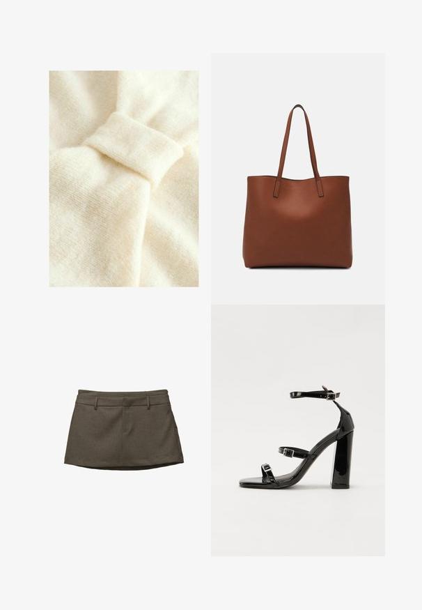 Kermansaväri kangas pehmeällä pinnalla, jossa on korostunut solmukuvio ja hienovarainen kudottu kuvio.; Ruskea hame, jolla on muotoiltu suunnittelu. Hameessa on vyölenkit, kaksi etutaskua ja teksturoitu kangas. Helma on hieman kaareva.; Musta kiiltävä korkokenkä sandaalit neliönmuotoisella varpaalla, nilkkaremmillä ja hopeisilla soljilla. Varustettu tukevalla lohkokorkealla vakauden takaamiseksi.; Ruskea nahkainen olkalaukku, jossa on sileä pinta, avoin yläosa ja kaksi olkahihnaa. Omaavat vain minimaalisen ompelun eikä näkyvää metalliosaa.