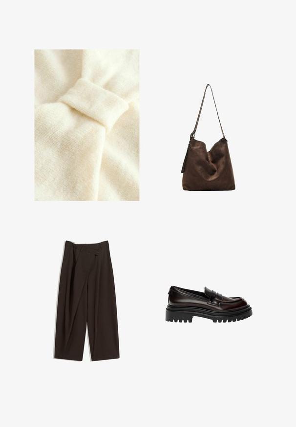 Tessuto color crema con una texture morbida, caratterizzato da un'importante dettaglio a nodo e un sottile motivo intrecciato.; Pantaloni a gamba larga marrone scuro con vita alta, dotati di una chiusura con bottone singolo e una parte anteriore plissettata. Realizzati in tessuto leggero.; Mocassino in pelle lucida marrone scuro con suola nera spessa e design classico con fascia a penny.; Borsa hobo in suede marrone con una parte superiore curva, una lunga tracolla con dettagli a pois e una consistenza morbida. Presenta un design morbido per un uso casual.