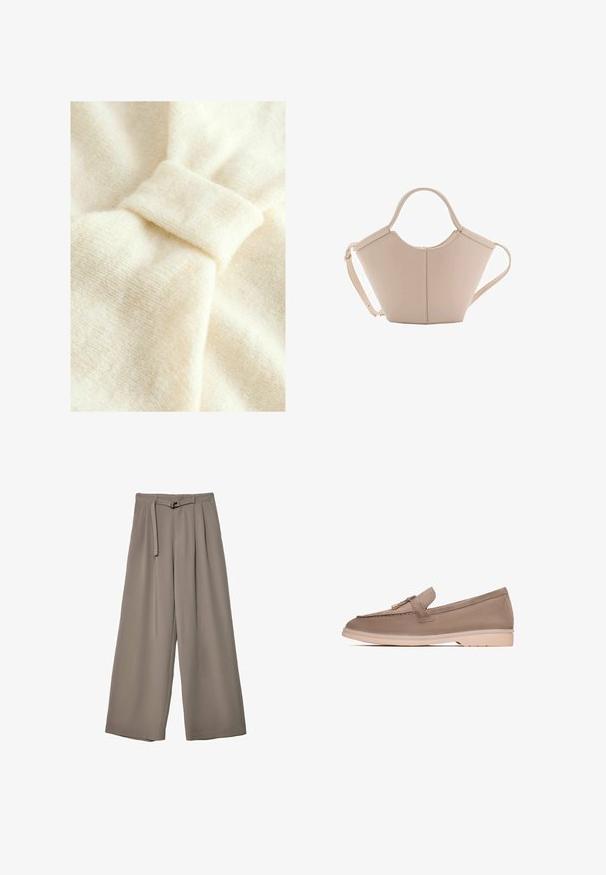 Cremefarbener Stoff mit weicher Textur, der ein auffälliges Knoten-Detail und ein dezentes Webmuster aufweist.; Weite Hose aus einem weichen, gedämpften grauen Stoff, mit einem taillierten Bund und Falten für zusätzliche Design-Details. Glatte Textur, keine Muster.; Brauner Lederloafer mit glatter Textur, versehen mit einem dekorativen Band und goldenen Beschlägen, der auf einer hellbeigen Gummisohle ruht.; Beige Lederhandtasche mit einer einzigartigen Form, die zwei kurze Henkel und einen langen verstellbaren Riemen aufweist. Glatte Textur mit minimalen Hardware-Elementen.