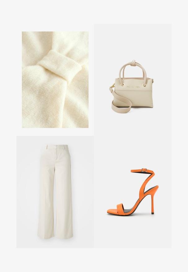 Krémově zbarvená tkanina s jemnou strukturou, zdobená výrazným uzlovým detailem a jemným tkaným vzorem.; Kalhoty s širokými nohavicemi v jasně béžové barvě, vyrobené z hladkého materiálu. Mají klasický pas a plochý přední díl s čistými liniemi.; Even&Odd Sandály na vysokém podpatku - orange; Beige kožená kabelka s vrchními uchy, nastavitelým popruhem, logem a zlatými kovovými detaili. Hladký povrch a strukturovaný tvar.