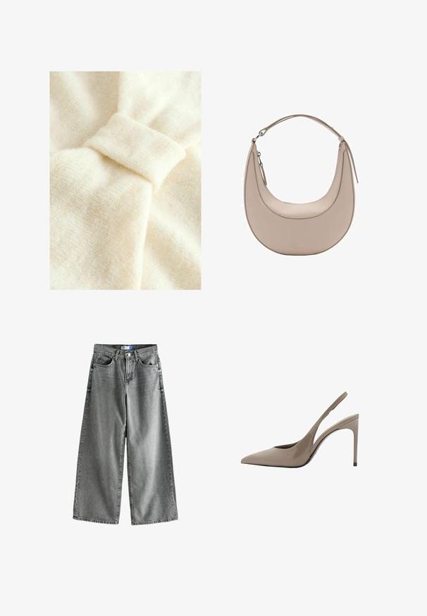 Tkanina krem boje s mekanom teksturom, koja se ističe istaknutim čvorom i suptilnim tkanim uzorkom.; Široke traperice od izblijede sivo-plave denimu, s visokim strukom, dizajnom s pet džepova i suptilnim detaljima pranja.; Beige lakirane kožne cipele s visokom potpeticom i otvorenom petom, s oštrim vrhom i elegantnim dizajnom, koje imaju tanku visoku potpeticu i izrez na bočnoj strani.; Bež kožna torba za rame u obliku polumjeseca, glatke teksture i s jednim zakrivljenim ručkom. Sadrži zatvor na zip i uredno šivenje.