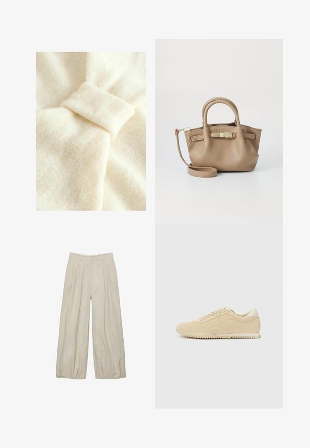 Krémová tkanina s jemnou textúrou, s výrazným uzlovým detailom a jemným tkaným vzorom.; Béžové široké nohavice s textúrovaným povrchom, so záhybmi vpredu a priliehavým pásom. Žiadne viditeľné zapínanie ani vrecká.; Béžové semišové tenisky s viazaním, textúrovaným zvrškom, kontrastnou gumovou podrážkou a miernym podpätkom. Minimalistický štýl s decentným brandingom.; Hnedá kožená taška s dvojitými uchami a odnímateľným ramenným popruhom. Obsahuje zlatý zámok a textúrovaný povrch.
