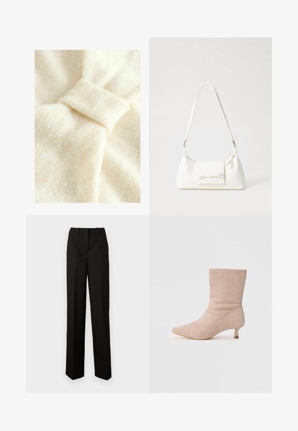 Krēmkrāsas audums ar mīkstu tekstūru, kas izceļas ar izteiktu mezglu detaļu un smalku austā rakstu.; Melnas piegriezuma bikses no gludas auduma, ar taisnām kājām, divām priekšējām kabatām un plakanu priekšpusi ar jostas cilpām.; Bežs zamšs potītes zābaks ar norādītu purngalu un zemu kaķu papēdi. Gluda tekstūra ar elegantu siluetu un minimālistisku dizainu.; Balta sintētiska soma ar trīsstūrveida formu, plakanu priekšējo vāciņu un loku detaļu, regulējamu siksnu, gludu tekstūru un minimālistisku dizainu.