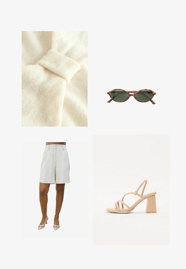 Tessuto color crema con una texture morbida, caratterizzato da un'importante dettaglio a nodo e un sottile motivo intrecciato.; Pantaloni corti in lino beige con design su misura, caratterizzati da due pieghe frontali e tasche laterali. Abbinati a scarpe con tacco a punta a righe.; Sandal nuda con tacco a blocco quadrato, cinturini sottili e una finitura liscia e lucida. Design semplice con parte superiore a cinturini.; Occhiali da sole tartarugati marroni con lenti ovali e tonalità verde scuro. Presentano tempie sottili e diritte, con un marchio discreto sulla montatura.; Borsa a mano in pelle color tan con doppie maniglie e tracolla staccabile. Presenta un chiusura in tono oro e una superficie testurizzata.