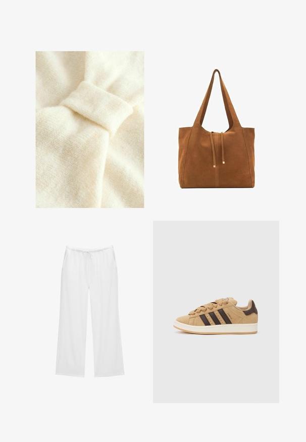 Cremefarvet stof med en blød tekstur, der har en fremtrædende knude detalje og et subtilt vævet mønster.; Hvide bredbenede bukser lavet af blødt stof, med en elastisk talje og snøring samt to sidelommer. Simpelt og rent design.; Brune ruskinds sneakers med tre mørkebrune striber, hvid sål og beige snørebånd. Sættes sammen med bukser i teal og hvide striber.; Brun ruskinds-tote med to lange stropper, snørelukning og minimalistisk design. Glat tekstur og ingen synlige hardware-detaljer.