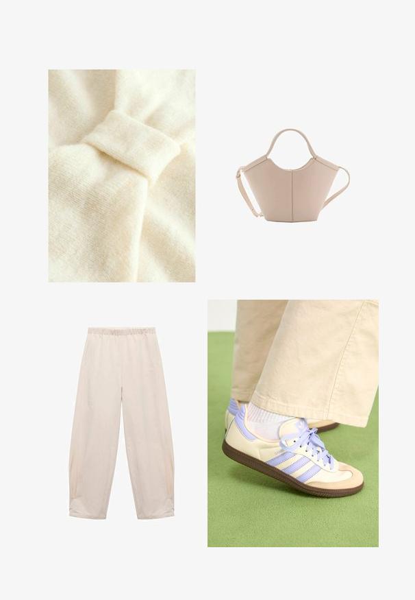 Crème-kleurige stof met een zachte textuur, voorzien van een opvallende knoopdetail en subtiel geweven patroon.; Elastische taillebroek in lichtbeige. Gemaakt van zachte stof met zijzakken en een ontspannen, losse pasvorm. Afgemeten bij de enkel.; Crème- en lavendel-sneakers met drie strepen en een gestructureerde bruine zool, voorzien van veters en een gewatteerde hiel. Zachte stoffen bovenkant.; Beige leren handtas met een unieke vorm, voorzien van twee korte handvatten en een lange verstelbare schouderriem. Glad oppervlak met minimale hardware.