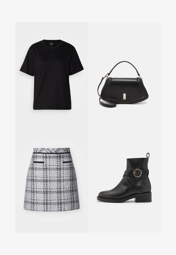 Black cotton t-shirt with a crew neckline, short sleeves, and an embroidered logo on the chest. Simple, relaxed fit with no patterns.; Gray plaid skirt featuring a textured fabric, slim fit, and black trim. Includes two front pockets with black detailing.; BOSS IRYNA BOOTIE - Platform ankle boots - black; Black leather handbag with a structured design, featuring a cropped shape, top handle, and gold hardware accent. Adjustable shoulder strap included.
