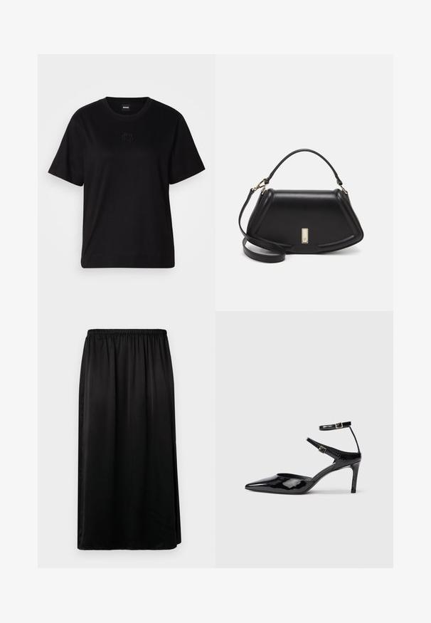 Musta puuvillapaita, jossa on pyöreä kaula-aukko, lyhyet hihat ja brodeerattu logo rinnassa. Yksinkertainen, rento istuvuus ilman kuvioita.; Musta midi-hame, jossa on joustava vyötärö, sileä pinta ja suora leikkaus. Sivussa on halkio, joka lisää liikkuvuutta.; Mustat lakatut korkokengät, joissa on terävä kärki, säädettävät nilkkahihnat ja hoikka korko. Suora pinta, joka näyttää kiiltävältä.; Mustalla nahkalaukulla, jossa on jämäkkä muotoilu, lyhyt malli, yläkahva ja kultaiset yksityiskohdat. Säädettävä olkahihna sisältyy.