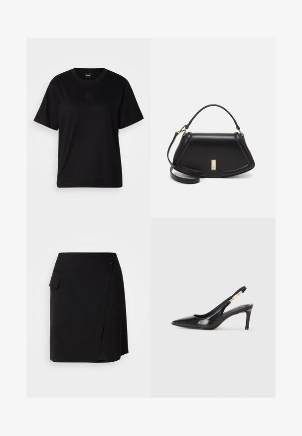 Fekete pamut póló kerek nyakkivágással, rövid ujjakkal és hímzett logóval a mellkasán. Egyszerű, laza szabás, minta nélkül.; Fekete, sima anyagból készült, oldalsó zsebes, gombos záródású rakott szoknya. A dizájn elülső hasítékkal rendelkezik, amely megkönnyíti a mozgást.; Fekete bőr, slingback magas sarkú cipő, hegyes orral, sima textúrával és keskeny bokapánttal, arany fémrészletekkel.; Fekete bőr kézitáska, strukturált dizájnnal, rövidített formával, felső fogantyúval és arany színű kiegészítőkkel. Állítható vállpánt is tartozik hozzá.