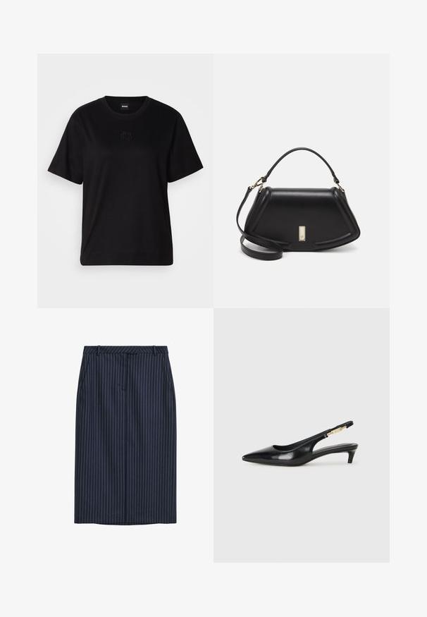 Schwarzes Baumwoll-T-Shirt mit Rundhalsausschnitt, kurzen Ärmeln und aufgesticktem Logo auf der Brust. Einfacher, lässiger Schnitt ohne Muster.; Marineblaue Nadelstreifen-Bleistiftrock mit geradem Schnitt, Fronttaschen, einem Bund und einer glatten Textur. Keine sichtbaren Verschlüsse oder Schließungen.; Schwarze Leder-Slingback-Pumps mit spitzem Schuhblatt, ausgestattet mit einem schlanken Absatz und einem goldfarbigen Akzent am verstellbaren Riemen. Glatte Textur.; Schwarze Lederhandtasche mit einem strukturierten Design, das eine verkürzte Form, einen oberen Griff und goldfarbene Hardware-Details aufweist. Verstellbarer Schulterriemen ist enthalten.