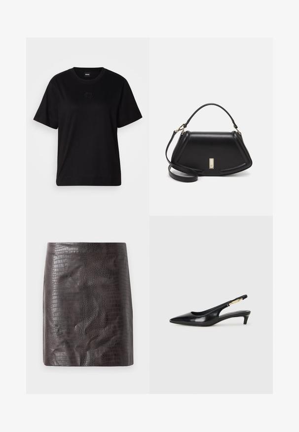 Zwarte katoenen t-shirt met een ronde hals, korte mouwen en een geborduurd logo op de borst. Eenvoudige, comfortabele pasvorm zonder patronen.; Krokodillenleren minirok in donkerbruin, met een gladde textuur en een aansluitende pasvorm die licht uitloopt aan de onderkant.; Zwarte leren slingback hakken met een spitse neus, voorzien van een slanke hak en een goudkleurige accent op de verstelbare band. Gladde textuur.; Zwarte leren handtas met een gestructureerd ontwerp, featuring een verkorte vorm, bovenhandvat en gouden hardwareaccent. Inclusief verstelbare schouderband.