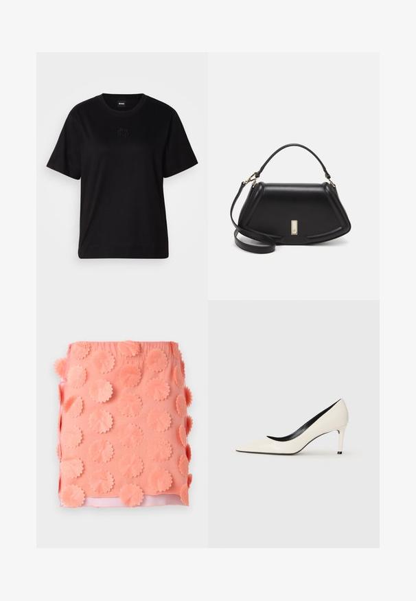 Svart bomullströja med rund halsringning, korta ärmar och en broderad logotyp på bröstet. Enkel, avslappnad passform utan mönster.; Korallkjol med en strukturerad yta som har runda tyglappar. Elastisk midja och en slät inre foder.; Vit patenterad läder högklackad pumpe med spetsig tå, smal klack och svarta detaljer inuti. Slät yta och elegant design.; Svart läderhandväska med en strukturerad design, som har en avskuren form, ett handtag upptill och guldiga detaljer. Justerbar axelrem ingår.