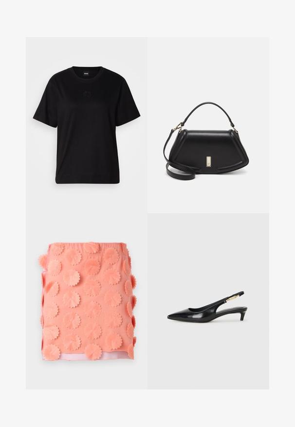 Mustmust särk, millel on ümar kaelus, lühikesed varrukad ja tindiga tikitud logo rinnal. Lihtne, mugav lõige ilma mustriteta.; Korallpunane seelik tekstureeritud pinnaga, millel on ringikujulised kangast aplikaadid. Elastne vöökoht ja sile sisemine vooder.; Mustad nahast slingback kontsad terava ninaga, millel on õhuke konts ja kuldse tooni aktsent reguleeritaval rihmal. Sile tekstuur.; Must mustrist käekott, millel on struktureeritud disain, lühendatud kuju, ülemine käepide ja kuldne metallist detail. Reguleeritav õlalihm on kaasas.