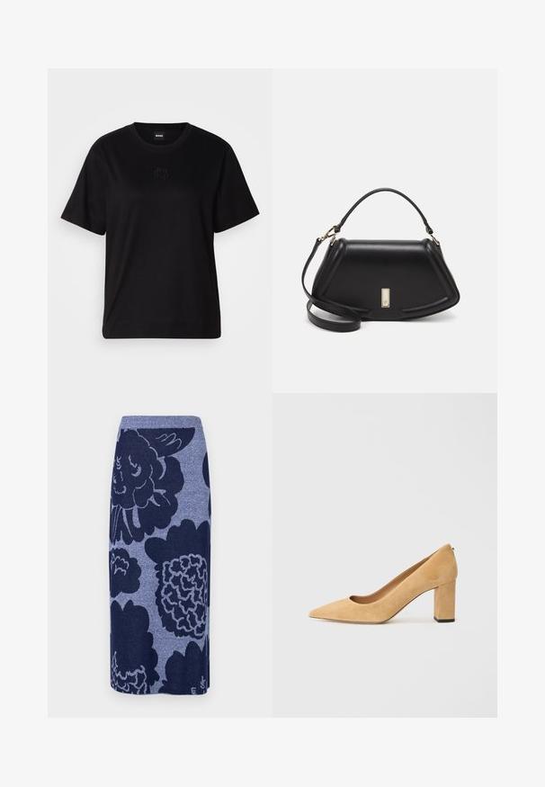 Musta puuvillapaita, jossa on pyöreä kaula-aukko, lyhyet hihat ja brodeerattu logo rinnassa. Yksinkertainen, rento istuvuus ilman kuvioita.; Neulehame, jossa on suuria kukkakuvioita tummansinisissä ja vaaleamman sinisen sävyissä. Suora muoto ja ribbausvyötärö. Pehmeä rakenne.; Beige mokkanahkainen korkokenkä, jossa on terävä kärki ja paksu lohko-korko. Materiaalissa on pehmeä rakenne ja sileä pinta.; Mustalla nahkalaukulla, jossa on jämäkkä muotoilu, lyhyt malli, yläkahva ja kultaiset yksityiskohdat. Säädettävä olkahihna sisältyy.