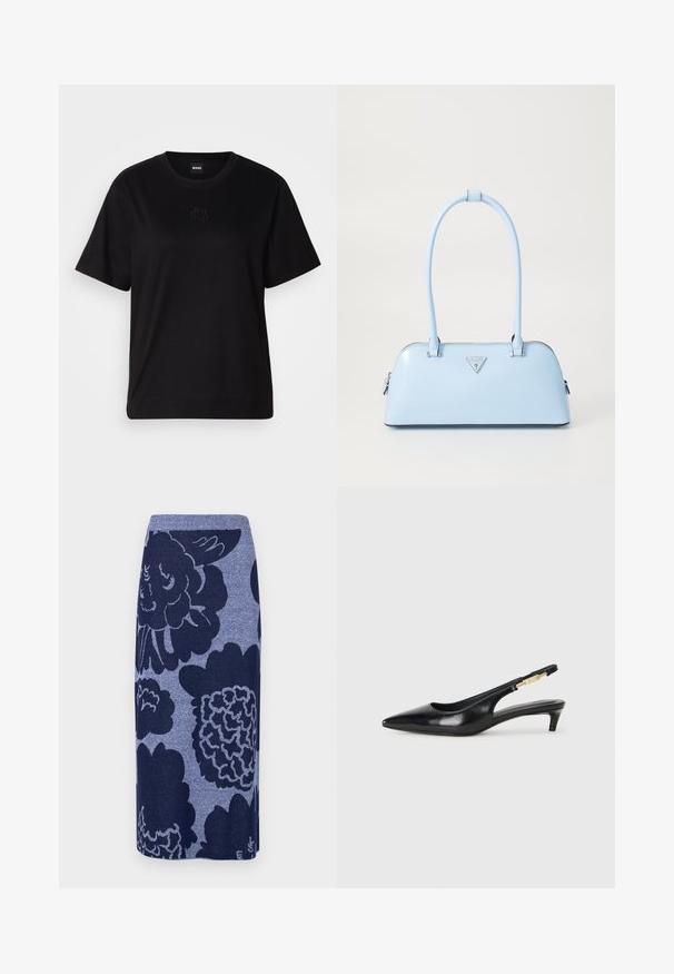 Svart bomull T-skjorte med rund hals, korte ermer og et brodert logo på brystet. Enkel, avslappet passform uten mønstre.; Strikket skjørt med store blomstermønstre i mørkeblå og lysere blå toner. Rett fasong med ribbestrikket midjebånd. Myk tekstur.; Sorte lærreim hæler med spiss tå, som har en slank hæl og en gullfarget detalj på den justerbare stroppen. Glatt tekstur.; Lyseblå veske med strukturert form, glatt skinnmateriale, to håndtak og en trekantet merkevarelogo på fronten. Glidelås-lukking.