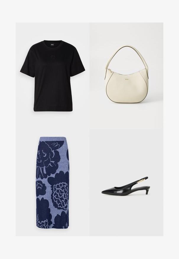 Juodas medvilninis marškinėliai su apvalia iškirpte, trumpomis rankovėmis ir siuvinėjimu ant krūtinės. Paprastas, laisvas siluetas be raštų.; Nertinė sijonas su dideliais gėlių raštais tamsiai mėlynos ir šviesiai mėlynos spalvos tonais. Tiesus siluetas su rausvu liemeniu. Minkšta tekstūra.; Juodas odinis pavasario batelių modelis su smailiu nosiu, turintis siaurą kulniuką ir auksinės spalvos akcentu reguliuojamoje juostoje. Lygi tekstūra.; Grietos spalvos rankinė su tekstūruotu paviršiumi, kreivos formos, trumpa rankena ir auksinės spalvos logotipo detalė. Užtrauktuko uždarymas viršuje.