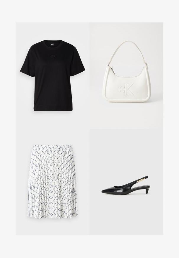 T-shirt en coton noir avec un col rond, des manches courtes et un logo brodé sur la poitrine. Coupe simple et décontractée sans motifs.; Jupe blanche avec un design plissé, arborant un motif géométrique bleu marine de lignes entrecroisées. Taille élastique avec un détail de cordon.; Talons hauts en cuir noir avec un bout pointu, dotés d'un talon fin et d'un accent en ton or sur la lanière réglable. Texture lisse.; Sac à main en cuir blanc avec une forme courbée, arborant un logo "CK" embossé à l'avant et une seule bandoulière. Fermeture à glissière en haut.