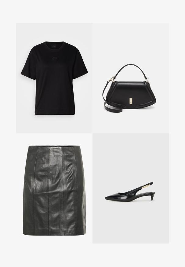 Czarny bawełniany t-shirt z okrągłym dekoltem, krótkimi rękawami i haftowanym logo na piersi. Prosty, luźny krój bez wzorów.; Czarna skórzana spódnica o dopasowanej sylwetce, z pionowymi szwami dla dodatkowej tekstury i gładkiego wykończenia.; Czarne skórzane szpilki typu slingback z ostrym noskiem, posiadające smukły obcas i złoty akcent na regulowanym pasku. Gładka tekstura.; Czarna skórzana torebka o strukturalnym designie, z przyciętą formą, górnym uchwytem i złotymi akcentami. W zestawie regulowany pasek na ramię.