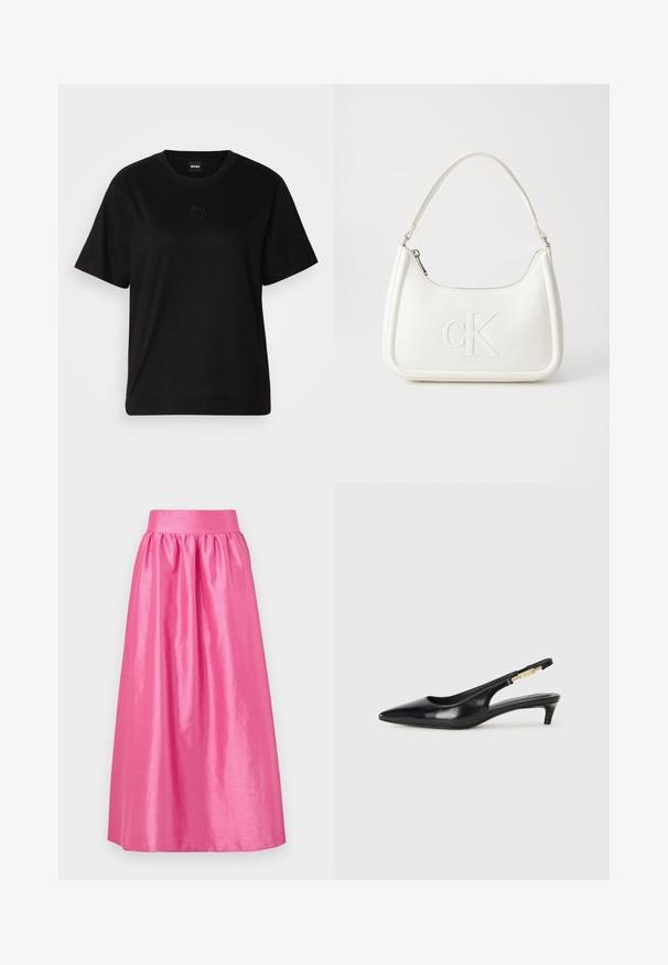 T-shirt en coton noir avec un col rond, des manches courtes et un logo brodé sur la poitrine. Coupe simple et décontractée sans motifs.; Jupe longue en satin rose avec une taille froncée et une silhouette fluide. Texture lisse avec une finition brillante.; Talons hauts en cuir noir avec un bout pointu, dotés d'un talon fin et d'un accent en ton or sur la lanière réglable. Texture lisse.; Sac à main en cuir blanc avec une forme courbée, arborant un logo "CK" embossé à l'avant et une seule bandoulière. Fermeture à glissière en haut.