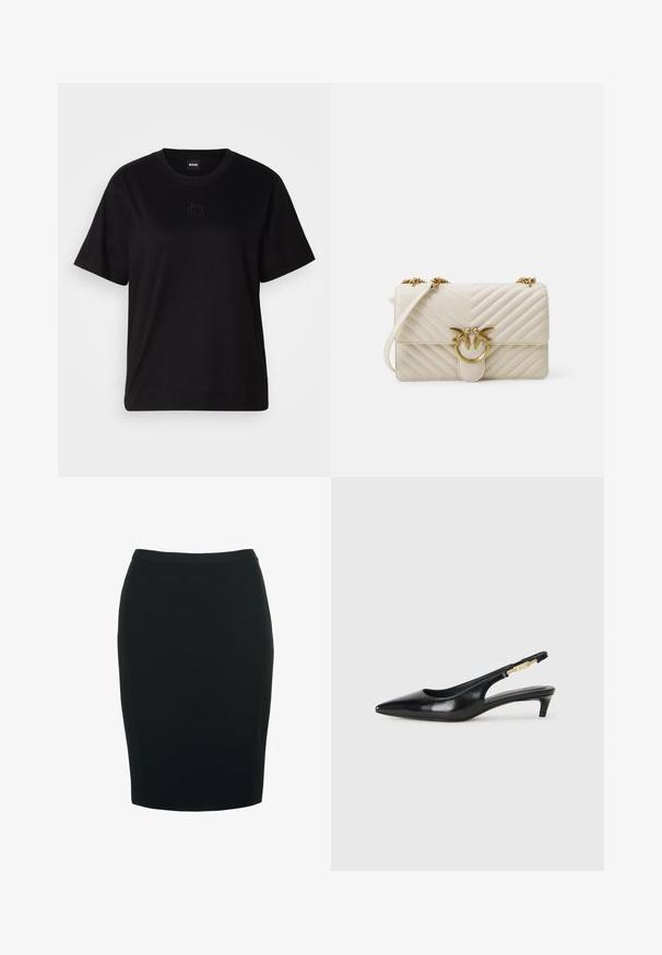 Černé bavlněné tričko s kulatým výstřihem, krátkými rukávy a vyšitým logem na hrudi. Jednoduchý, volný střih bez vzorů.; Černá tužková sukně s vypasovaným střihem, vyrobená z hladkého, elastického materiálu. Má středně vysoký pas a délku po kolena.; Černé kožené boty na podpatku s otevřenou patou a špičatou špičkou, s tenkým podpatkem a zlatým akcentem na nastavitelném pásku. Hladký povrch.; Prošívaná krémová kabelka s zlatým uzávěrem ve tvaru ptáčka, řetízkovým popruhem a texturovaným chevronovým designem. Má klopový uzávěr a kompaktní tvar.