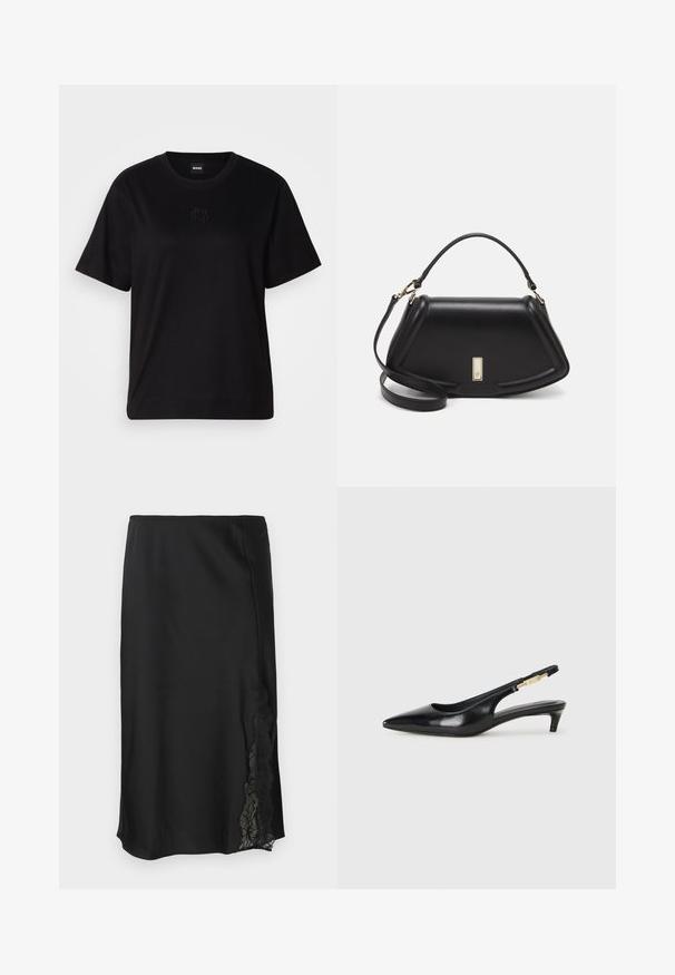 Svart bomull T-skjorte med rund hals, korte ermer og et brodert logo på brystet. Enkel, avslappet passform uten mønstre.; Svart satengskjørt med en glatt tekstur, med en blondeaccent på den ene siden og en rett kant. Elastisk midje for en fleksibel passform.; Sorte lærreim hæler med spiss tå, som har en slank hæl og en gullfarget detalj på den justerbare stroppen. Glatt tekstur.; Sort lærveske med en strukturert design, som har en avkortet form, topphåndtak og detaljer i gull. Justerbar skulderstropp inkludert.