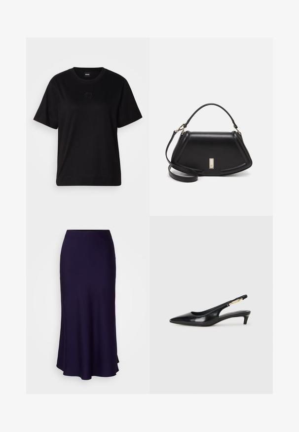 Camiseta de algodón negra con cuello redondo, mangas cortas y un logo bordado en el pecho. Ajuste simple y relajado sin patrones.; Falda midi navy hecha de tela suave, con una cintura ajustada y un dobladillo acampanado. Textura suave sin patrones ni adornos visibles.; Tacones negros de piel sintética tipo slingback con punta afilada, que cuentan con un tacón delgado y un detalle en tono dorado en la correa ajustable. Textura suave.; Bolso de mano de cuero negro con un diseño estructurado, que presenta una forma recortada, asa superior y acentos en dorado. Correa de hombro ajustable incluida.