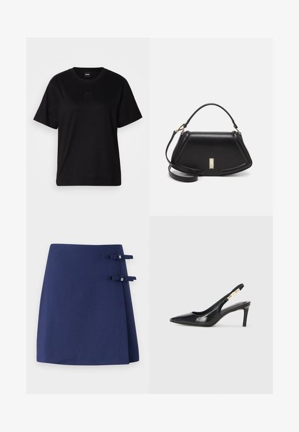 Melna kokvilnas T-krekls ar apaļu izgriezumu, īsām piedurknēm un izšūtu logotipu uz krūtīm. Vienkāršs, brīvs piegriezums bez rakstiem.; Zilganas zila apakšsvārku ar teksturētu virsmu, kam ir divi mazi auduma zvaniņi kā akcenti sānos. Vienkāršs un strukturēts dizains.; Melna ādas augstpapēžu kurpe ar smailu purngalu, gludu tekstūru un šauru potītes siksnu ar zelta daļām.; Melnas ādas roku soma ar struktūru, ar īsu formu, augšējo rokturi un zelta aksesuāriem. Iekļauta regulējama plecu siksna.