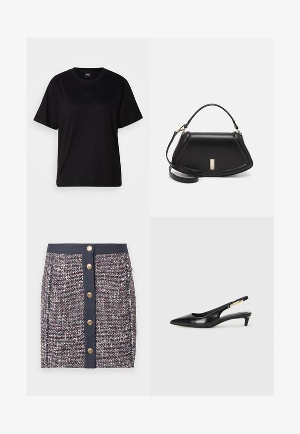 Czarny bawełniany t-shirt z okrągłym dekoltem, krótkimi rękawami i haftowanym logo na piersi. Prosty, luźny krój bez wzorów.; Tkana spódnica w jodełkę w kolorach granatowym, czerwonym i białym. Posiada wyrazistą talię, zapięcie na guziki z przodu oraz boczne kieszenie. Teksturowana tkanina z delikatnymi wzorami.; Czarne skórzane szpilki typu slingback z ostrym noskiem, posiadające smukły obcas i złoty akcent na regulowanym pasku. Gładka tekstura.; Czarna skórzana torebka o strukturalnym designie, z przyciętą formą, górnym uchwytem i złotymi akcentami. W zestawie regulowany pasek na ramię.