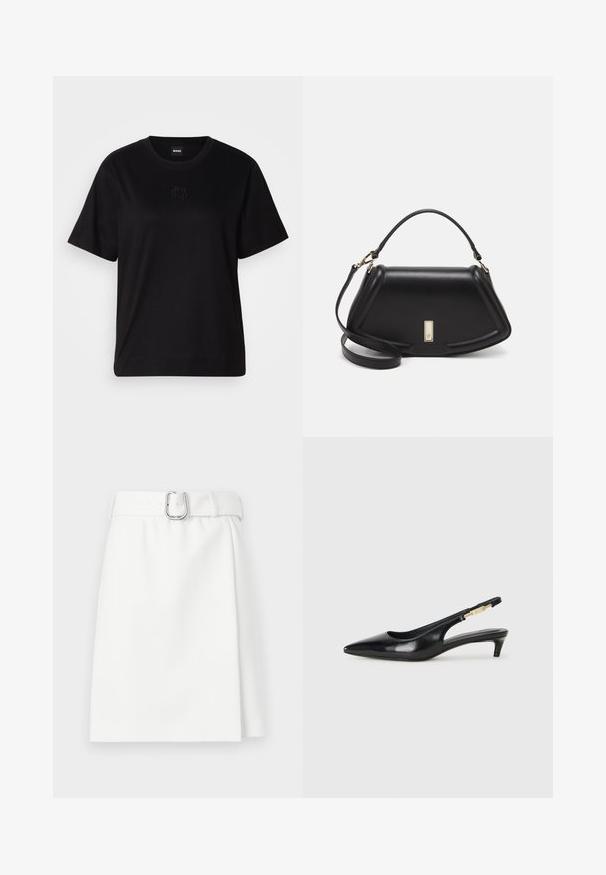 T-shirt en coton noir avec un col rond, des manches courtes et un logo brodé sur la poitrine. Coupe simple et décontractée sans motifs.; Jupe mini blanche avec une ceinture, présentant une texture lisse et une légère forme en A. Détails de boucle en métal et passants de ceinture inclus.; Talons hauts en cuir noir avec un bout pointu, dotés d'un talon fin et d'un accent en ton or sur la lanière réglable. Texture lisse.; Sac à main en cuir noir avec un design structuré, featuring une forme cropped, une poignée supérieure et des accents en matériel doré. Bandoulière réglable incluse.