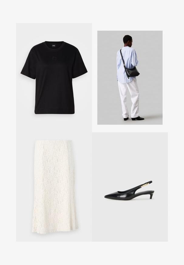 Sort bomulds t-shirt med rund halsudskæring, korte ærmer og et broderet logo på brystet. Enkel, afslappet pasform uden mønstre.; Lace midi nederdel i creme, med et indviklet blomsterdesign, tætsiddende talje og svungen kant. Let, struktureret stof med en let glans.; Sorte læder slingback hæle med spids tå, der har en slank hæl og en guldfarvet detalje på den justerbare rem. Glat tekstur.; Sort læder skuldertaske med en blød tekstur, trekantet form og justerbar strop, kombineret med en lyseblå stribet skjorte og hvide bukser.
