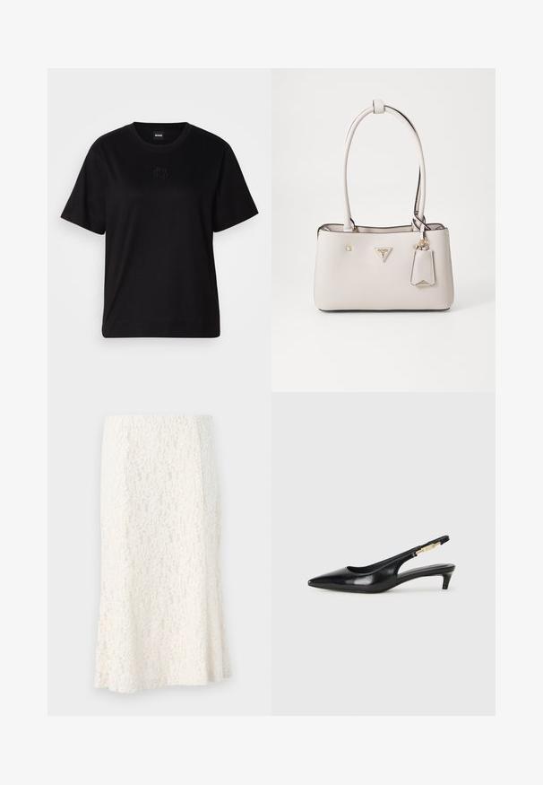 Crna pamučna majica s okruglim izrezom, kratkim rukavima i izvezenim logotipom na prsima. Jednostavan, opušten kroj bez uzorka.; Čipkasta midi suknja u krem boji, sa složenim cvjetnim uzorkom, uskim strukom i raširenim rubom. Lagani, teksturirani materijal s laganim sjajem.; Crne kožne sandale s petom, s izduženim vrhom, imaju usku petu i zlatni akcent na podesivoj traci. Glatka tekstura.; Bežna tašna od sintetičke kože s glatkom teksturom, dvostrukim naramenicama, zlatnim hardverom, logotipom na oznaci i pričvršćenom oznakom.
