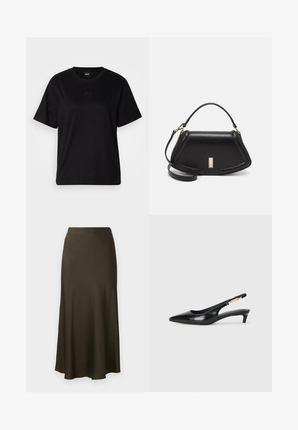 T-shirt negru din bumbac, cu guler rotund, mâneci scurte și un logo brodat pe piept. Design simplu, cu o croială relaxată și fără modele.; Fustă lungă, de culoare verde închis, cu finisaj satinat, având un tiv evazat și o textură netedă. Design simplu, fără modele vizibile sau accesorii.; Sandale slingback din piele neagră cu vârf ascuțit, având un toc subțire și un accent de culoare aurie pe curea ajustabilă. Textură netedă.; Geantă de umăr din piele neagră, cu un design structurat, având o formă tăiată, mânere superioare și accente din aur. Include o curea de umăr ajustabilă.