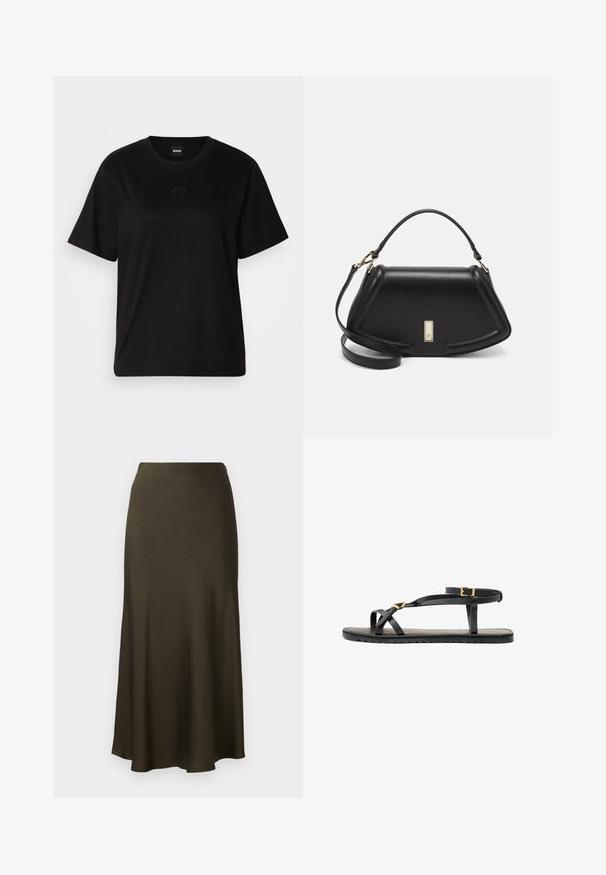 Black cotton t-shirt with a crew neckline, short sleeves, and an embroidered logo on the chest. Simple, relaxed fit with no patterns.; Dark green, satin-finish, long skirt with a flared hemline and smooth texture. Simple design, no visible patterns or hardware.; Black leather sandals with thin straps and a buckled ankle strap. Flat sole with a textured finish and zigzag edge. Minimalist design.; Black leather handbag with a structured design, featuring a cropped shape, top handle, and gold hardware accent. Adjustable shoulder strap included.