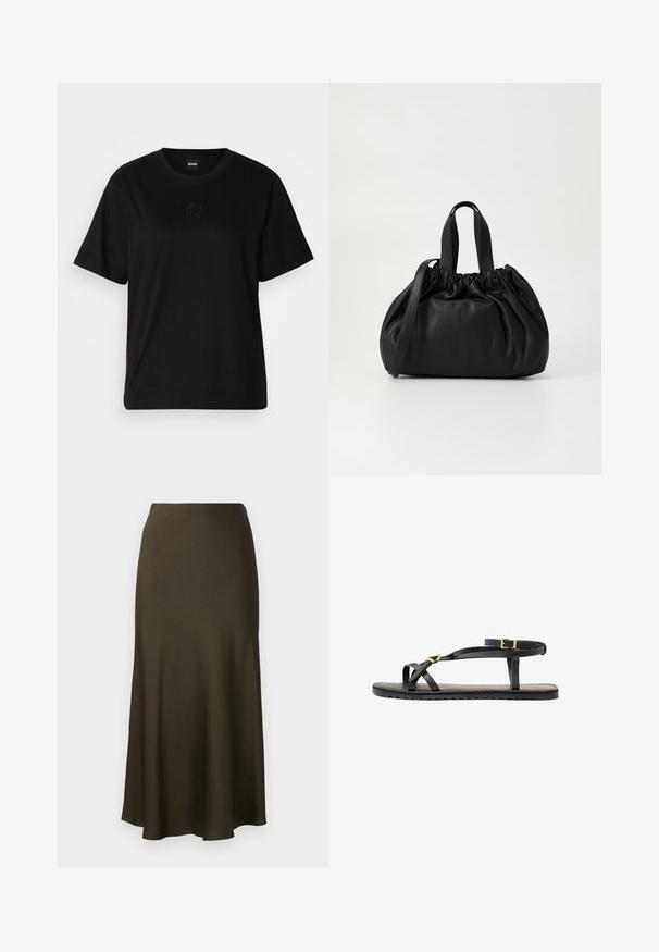 Schwarzes Baumwoll-T-Shirt mit Rundhalsausschnitt, kurzen Ärmeln und aufgesticktem Logo auf der Brust. Einfacher, lässiger Schnitt ohne Muster.; Dunkelgrüner, satinierter langer Rock mit ausgestellt geschnittenem Saum und glatter Textur. Schlichtes Design, keine sichtbaren Muster oder Beschläge.; Schwarze Ledersandalen mit dünnen Riemen und einem geschnallten Knöchelriemen. Flache Sohle mit texturiertem Finish und Zickzackkante. Minimalistisches Design.; Schwarze Lederhandtasche mit einem gerafften Oberteil, ausgestattet mit zwei kurzen Griffen und einem langen verstellbaren Schulterriemen. Glatte Textur, runde Form.
