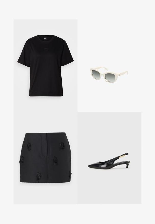 Μαύρο βαμβακερό μπλουζάκι με στρογγυλή λαιμόκοψη, κοντά μανίκια και κεντημένο λογότυπο στο στήθος. Απλή, χαλαρή γραμμή χωρίς σχέδια.; Μαύρη φούστα με κομψό σχέδιο και υφή, με φθαρμένα στοιχεία διάσπαρτα στο ύφασμα. Λείο υλικό χωρίς ορατές κλείστρα.; Μαύρες δερμάτινες γόβες slingback με μυτερή μύτη, διαθέτοντας λεπτό τακούνι και χρυσή λεπτομέρεια στην ρυθμιζόμενη λωρίδα. Λείος υφές.; Λευκά πλαστικά γυαλιά ηλίου σε σχήμα γατας, με καπνιστούς γκρι φακούς, στερεά φύλλα και χρυσές λεπτομέρειες λογότυπου στο πλάι.