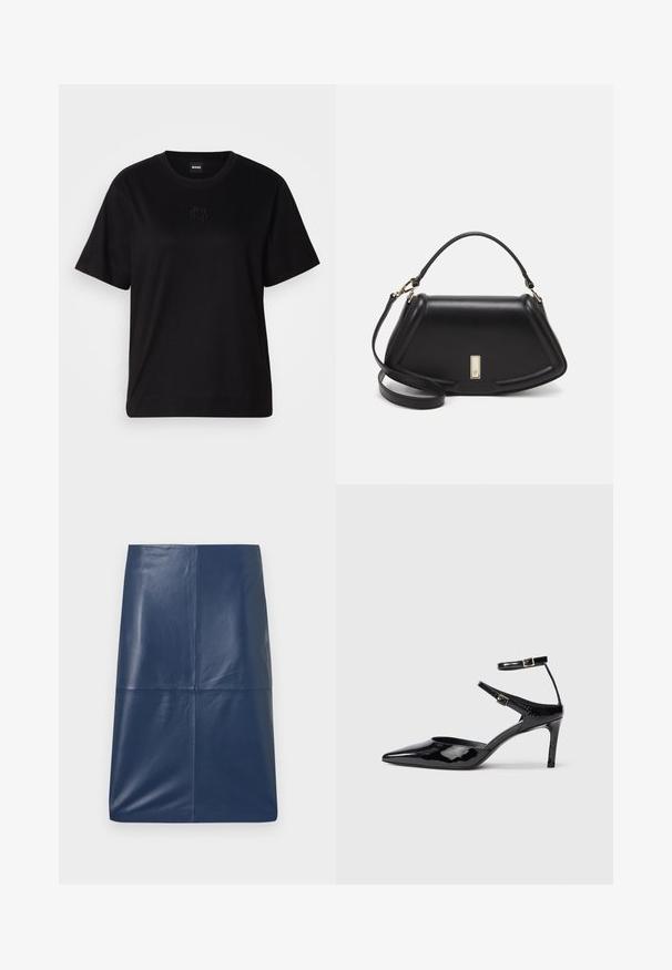 Musta puuvillapaita, jossa on pyöreä kaula-aukko, lyhyet hihat ja brodeerattu logo rinnassa. Yksinkertainen, rento istuvuus ilman kuvioita.; Laivastonsininen nahkainen kynähame, jossa on sileä, kiiltävä pinta. Hameessa on yksinkertainen, virtaviivainen muotoilu ja suora leikkaus. Ei näkyvää metalliosaa.; Mustat lakatut korkokengät, joissa on terävä kärki, säädettävät nilkkahihnat ja hoikka korko. Suora pinta, joka näyttää kiiltävältä.; Mustalla nahkalaukulla, jossa on jämäkkä muotoilu, lyhyt malli, yläkahva ja kultaiset yksityiskohdat. Säädettävä olkahihna sisältyy.