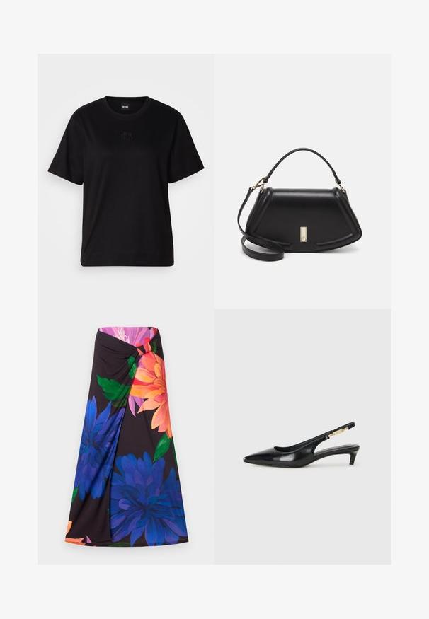 Svart bomullströja med rund halsringning, korta ärmar och en broderad logotyp på bröstet. Enkel, avslappnad passform utan mönster.; Blommig maxikjol med svart bakgrund, prydd med stora blå och orange blommor. Knutdesign i midjan med en röd accent. Mjuk tyg.; Svart läder slingback-hälar med spetsig tå, med en smal klack och en guldtonad detalj på den justerbara remmen. Slät textur.; Svart läderhandväska med en strukturerad design, som har en avskuren form, ett handtag upptill och guldiga detaljer. Justerbar axelrem ingår.
