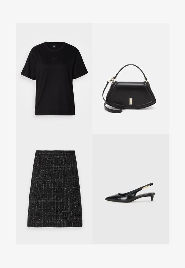 Μαύρο βαμβακερό μπλουζάκι με στρογγυλή λαιμόκοψη, κοντά μανίκια και κεντημένο λογότυπο στο στήθος. Απλή, χαλαρή γραμμή χωρίς σχέδια.; Μαύρη μίνι φούστα από υφασμάτινη τουά με υφή και ασημί λεπτομέρειες. Ευθεία γραμμή, χωρίς επένδυση και επίπεδη μέση για κομψό στυλ.; Μαύρες δερμάτινες γόβες slingback με μυτερή μύτη, διαθέτοντας λεπτό τακούνι και χρυσή λεπτομέρεια στην ρυθμιζόμενη λωρίδα. Λείος υφές.; Μαύρη δερμάτινη τσάντα με δομημένο σχέδιο, που διαθέτει κομμένο σχήμα, επάνω λαβή και χρυσά μεταλλικά στοιχεία. Περιλαμβάνει ρυθμιζόμενο λουρί ώμου.