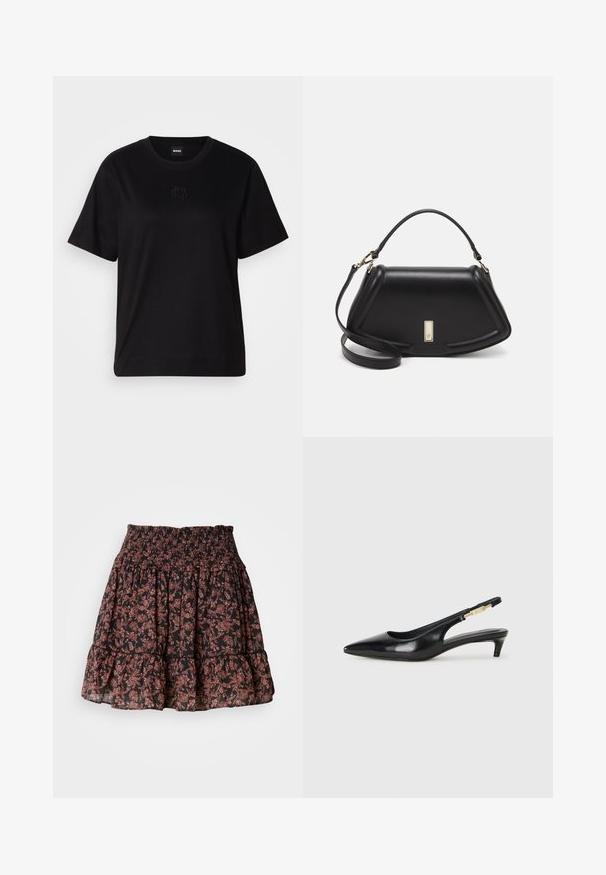 Musta puuvillapaita, jossa on pyöreä kaula-aukko, lyhyet hihat ja brodeerattu logo rinnassa. Yksinkertainen, rento istuvuus ilman kuvioita.; Mustat kukkakuosiset hameet, joissa on kuminauhatehty vyötärö, koristeelliset röyhelökerrokset ja herkät vaaleanpunaiset ja ruskeat kuviot. Kevyt kangas.; Mustat nahkaiset slingback-korkokengät, joissa on terävä kärki, ohuet korot ja kultasävytteinen yksityiskohta säädettävässä hihnassa. Silkkinen pinta.; Mustalla nahkalaukulla, jossa on jämäkkä muotoilu, lyhyt malli, yläkahva ja kultaiset yksityiskohdat. Säädettävä olkahihna sisältyy.