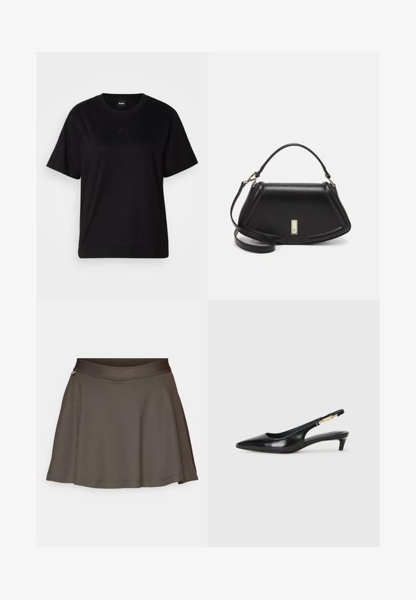 Juodas medvilninis marškinėliai su apvalia iškirpte, trumpomis rankovėmis ir siuvinėjimu ant krūtinės. Paprastas, laisvas siluetas be raštų.; Björn Borg ACE SKIRT - Sportinis sijonas - urban chic; Juodas odinis pavasario batelių modelis su smailiu nosiu, turintis siaurą kulniuką ir auksinės spalvos akcentu reguliuojamoje juostoje. Lygi tekstūra.; Juoda odinė rankinė su struktūrizuotu dizainu, turi trumpą formą, viršutinę rankeną ir auksinius akcentus. Pridėtas reguliuojamas peties diržas.