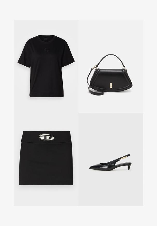Schwarzes Baumwoll-T-Shirt mit Rundhalsausschnitt, kurzen Ärmeln und aufgesticktem Logo auf der Brust. Einfacher, lässiger Schnitt ohne Muster.; Schwarzer Minirock mit flachem Bund. Verfügt über eine auffällige metallische Logo-Schnalle an der Vorderseite. Hergestellt aus glattem Stoff ohne sichtbare Muster.; Schwarze Leder-Slingback-Pumps mit spitzem Schuhblatt, ausgestattet mit einem schlanken Absatz und einem goldfarbigen Akzent am verstellbaren Riemen. Glatte Textur.; Schwarze Lederhandtasche mit einem strukturierten Design, das eine verkürzte Form, einen oberen Griff und goldfarbene Hardware-Details aufweist. Verstellbarer Schulterriemen ist enthalten.