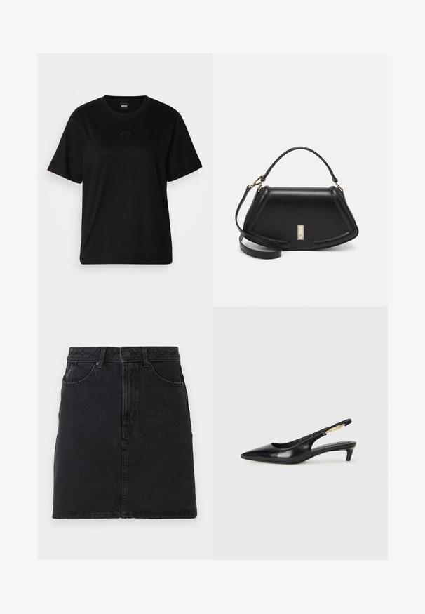 Black cotton t-shirt with a crew neckline, short sleeves, and an embroidered logo on the chest. Simple, relaxed fit with no patterns.; Black denim skirt with a straight cut, featuring a front button and zipper closure, two front pockets, and simple stitching details.; Black leather slingback heels with a pointed toe, featuring a slim heel and a gold-tone accent on the adjustable strap. Smooth texture.; Black leather handbag with a structured design, featuring a cropped shape, top handle, and gold hardware accent. Adjustable shoulder strap included.