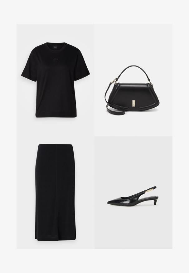 T-shirt en coton noir avec un col rond, des manches courtes et un logo brodé sur la poitrine. Coupe simple et décontractée sans motifs.; Jupe noire longueur genou en tissu lisse, dotée d'une silhouette droite, d'un design simple et de fentes latérales pour faciliter les mouvements.; Talons hauts en cuir noir avec un bout pointu, dotés d'un talon fin et d'un accent en ton or sur la lanière réglable. Texture lisse.; Sac à main en cuir noir avec un design structuré, featuring une forme cropped, une poignée supérieure et des accents en matériel doré. Bandoulière réglable incluse.