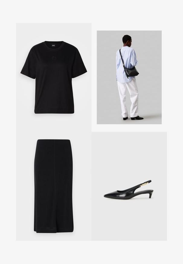 Fekete pamut póló kerek nyakkivágással, rövid ujjakkal és hímzett logóval a mellkasán. Egyszerű, laza szabás, minta nélkül.; Fekete, térd mögé érő szoknya sima anyagból, egyenes fazonban, egyszerű dizájnnal, oldalhasítékokkal a mozgás könnyebbsége érdekében.; Fekete bőr slingback magassarkúk, hegyes orral, vékony sarkakkal és arany színű részlettel a állítható pánton. Simа felület.; Fekete bőr válltáska puha tapintással, háromszög alakú, állítható pánttal, világoskék csíkos inggel és fehér nadrággal párosítva.