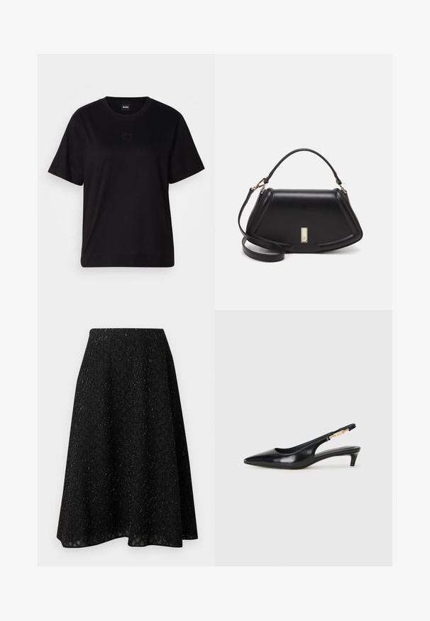 Maglietta in cotone nera con scollatura tonda, maniche corte e logo ricamato sul petto. Design semplice e vestibilità rilassata senza motivi.; Gonna midi nera in tessuto strutturato, caratterizzata da un motivo a diamante e un leggero luccichio. Silhouette a trapezio con una forma fluida.; Tacchi slingback in pelle nera con punta affusolata, caratterizzati da un tacco alto e un accento dorato sulla cinghia regolabile. Texture liscia.; Borsa a mano in pelle nera con un design strutturato, caratterizzata da una forma corta, manico superiore e accessori in metallo dorato. Inclusa tracolla regolabile.