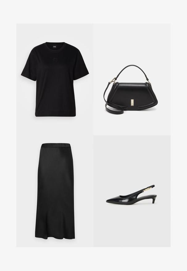 Musta puuvillapaita, jossa on pyöreä kaula-aukko, lyhyet hihat ja brodeerattu logo rinnassa. Yksinkertainen, rento istuvuus ilman kuvioita.; Musta, satiinikankainen midihame, jossa on joustava vyötärö. Sileä pinta ja yksinkertainen muotoilu, joka kapenee hieman helman kohdalla luoden sulavalinjaisen siluetin.; Mustat nahkaiset slingback-korkokengät, joissa on terävä kärki, ohuet korot ja kultasävytteinen yksityiskohta säädettävässä hihnassa. Silkkinen pinta.; Mustalla nahkalaukulla, jossa on jämäkkä muotoilu, lyhyt malli, yläkahva ja kultaiset yksityiskohdat. Säädettävä olkahihna sisältyy.