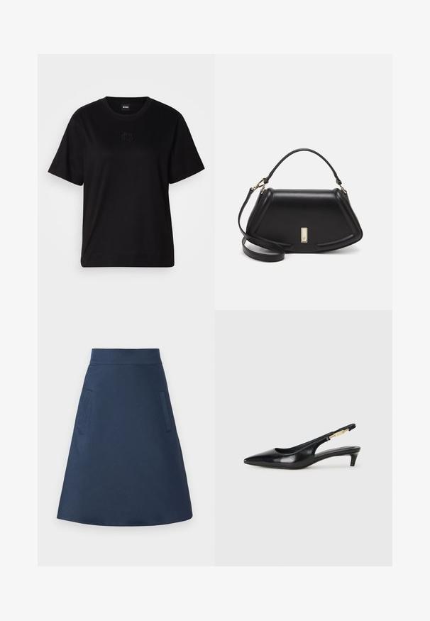 Črna bombažna majica s krožnim izrezom, kratkimi rokavi in izvezenim logotipom na prsih. Preprosta, sproščena silhueta brez vzorcev.; Temno modra krila do kolen z utesnjenim pasom, gladko teksturo in dvema diskretnima stranskima žepoma. Klasična A-linija.; Črne usnjene sandale na peto z ostro konico, ki imajo tanko peto in zlat ton na nastavljivem traku. Gladka tekstura.; Črna usnjena torbica s strukturnim dizajnom, ki ima skrajšano obliko, zgornji ročaj in zlate dodatke. Vključena je nastavljiva ramenska naramnica.
