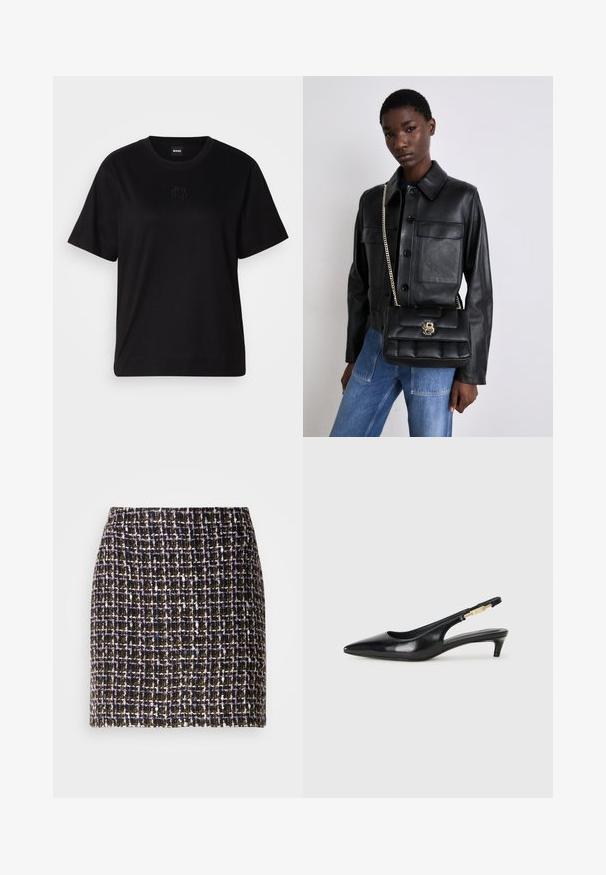 Juodas medvilninis marškinėliai su apvalia iškirpte, trumpomis rankovėmis ir siuvinėjimu ant krūtinės. Paprastas, laisvas siluetas be raštų.; Audiniu austas sijonas su patikrinimo raštu juodos, violetinės ir auksinės spalvų tonais; pasižymi tekstūruota paviršiumi ir elastingu juosmeniu.; Juodas odinis pavasario batelių modelis su smailiu nosiu, turintis siaurą kulniuką ir auksinės spalvos akcentu reguliuojamoje juostoje. Lygi tekstūra.; Juodas odinis švarkas su mygtukų uždarymu ir dviem priekinėmis kišenėmis, sujungtas su juodu siuvinėtu rankiniu krepšiu, turinčiu auksinį užsegimą ir grandinėlės dirželį.