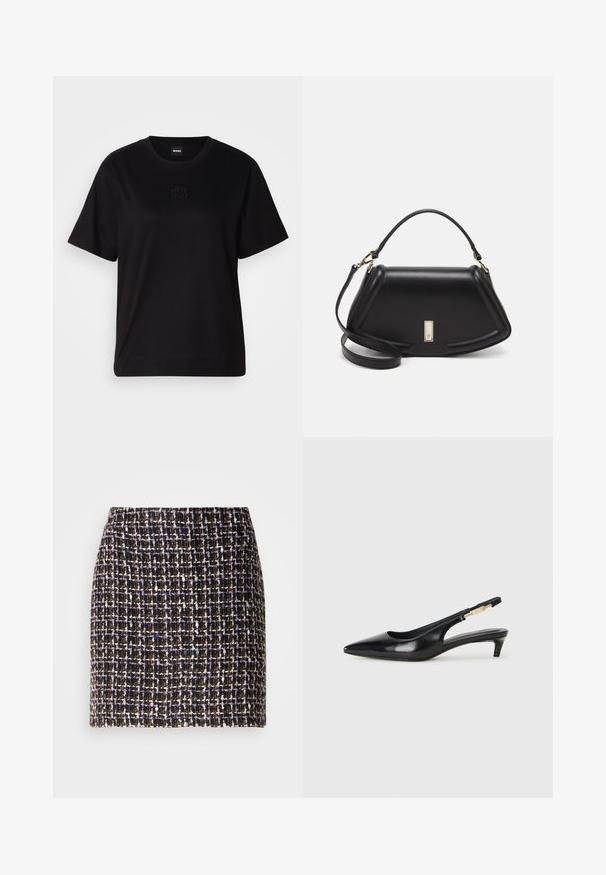 Zwarte katoenen t-shirt met een ronde hals, korte mouwen en een geborduurd logo op de borst. Eenvoudige, comfortabele pasvorm zonder patronen.; Geweven tweed rok met een ruitpatroon in zwart, paars en goudtinten; heeft een gestructureerd oppervlak en een elastische tailleband.; Zwarte leren slingback hakken met een spitse neus, voorzien van een slanke hak en een goudkleurige accent op de verstelbare band. Gladde textuur.; Zwarte leren handtas met een gestructureerd ontwerp, featuring een verkorte vorm, bovenhandvat en gouden hardwareaccent. Inclusief verstelbare schouderband.
