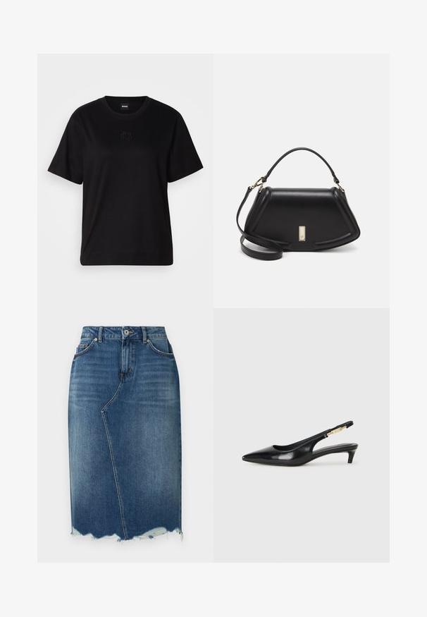Black cotton t-shirt with a crew neckline, short sleeves, and an embroidered logo on the chest. Simple, relaxed fit with no patterns.; Blue denim pencil skirt with asymmetrical front seam, frayed hem, belt loops, and front pockets.; Black leather slingback heels with a pointed toe, featuring a slim heel and a gold-tone accent on the adjustable strap. Smooth texture.; Black leather handbag with a structured design, featuring a cropped shape, top handle, and gold hardware accent. Adjustable shoulder strap included.